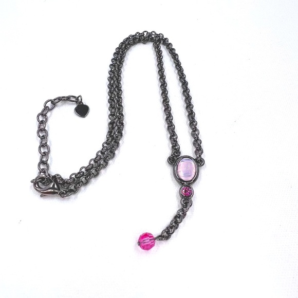 Jewelry - NWOT - Pink Jeweled & Beaded Y Style 14” Gunmetal Tone Chocker Necklace